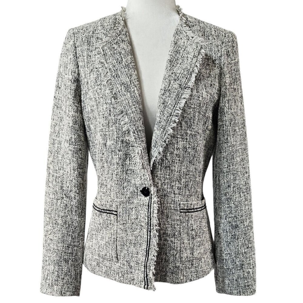 Banana Republic Black and White Tweed Frayed-Edge Blazer